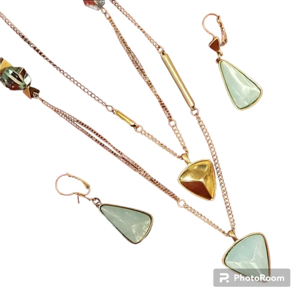 Vintage Kenneth Cole Multi-Layer Chain Necklace and Earrings Set Sea Foam Green
